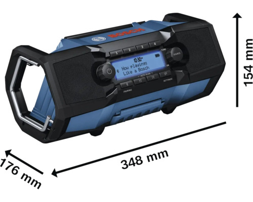 Radio de chantier Bosch avec les dimensions 348 mm x 176 mm x 154 mm