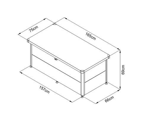 Dessin technique d'un bureau avec des dimensions de 75 x 165 x 69 cm.