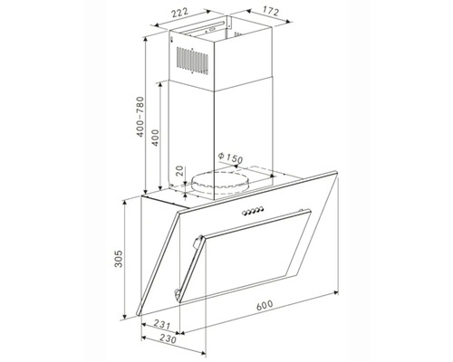 Schéma technique d'une hotte aspirante avec indications de dimensions