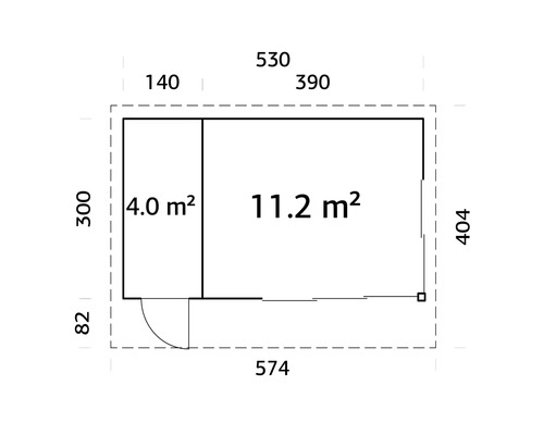 Plan d'un abri de jardin mesurant 574 sur 404 centimètres et d'une superficie de 15,2 mètres carrés.