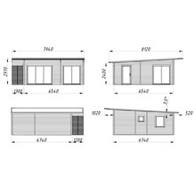 Dessin technique d'un abri de jardin avec des cotes pour différentes vues