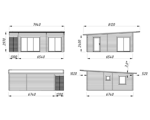 Dessin technique d'un abri de jardin avec des cotes pour différentes vues