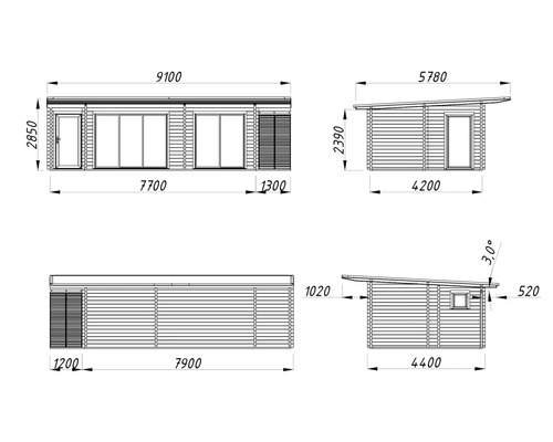 Dessin technique d'un abri de jardin avec indications de dimensions