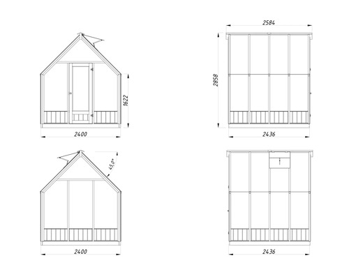 Technische Zeichnung eines Gewächshauses mit Maßangaben