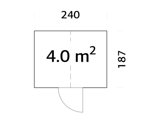 Plan avec des dimensions de 240 sur 187 centimètres et une superficie de 4,0 mètres carrés
