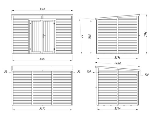 Schéma technique d'un abri de jardin avec dimensions