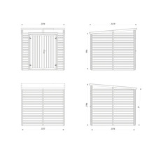 Dessin technique d'un abri de jardin avec porte double et toit monopente, vues de face, de derrière et latérales avec dimensions.