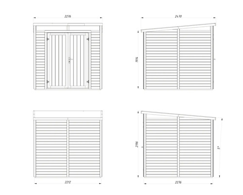 Schéma technique d'un abri de jardin avec double porte et toit monopente, avec indication des dimensions