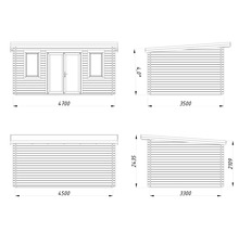 Schéma technique d'une cabane de jardin avec dimensions.