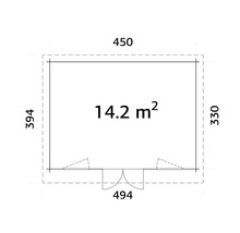 Plan avec dimensions de 450 sur 330 et une superficie de 14,2 mètres carrés