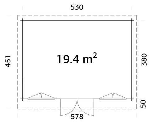 Plan d'un abri de jardin avec indication de la surface et des dimensions