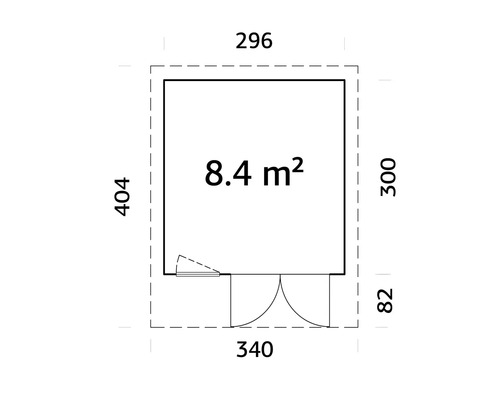 Plan d'un abri de jardin avec des dimensions de 296 x 404 x 300 x 82 x 340 et une surface de 8,4 mètres carrés.