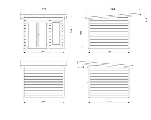 Schéma technique d'une remise de jardin avec dimensions.