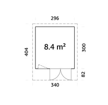 Plan avec les dimensions 296, 404, 300, 82 et 340, la superficie est de 8.4 mètres carrés