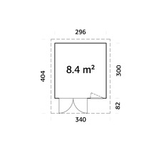 Plan avec dimensions : Surface de 8,4 mètres carrés, dimensions extérieures de 296 centimètres sur 404 centimètres