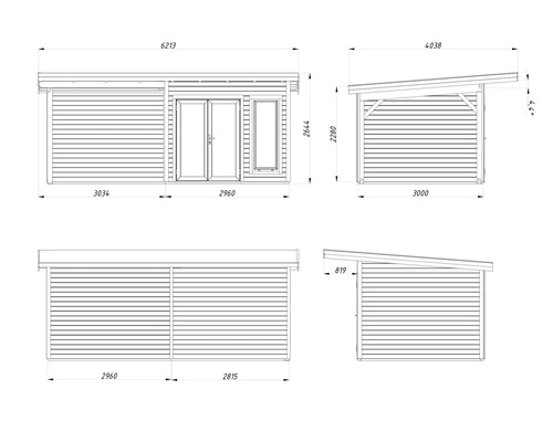 Dessin technique d'un abri de jardin avec dimensions.