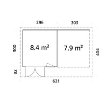 Plan d'un abri de jardin avec indication de la superficie en mètres carrés et des dimensions en centimètres