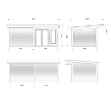 Schéma technique d'un abri de jardin avec dimensions.