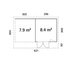 Plan d'un abri de jardin avec indication des surfaces et dimensions