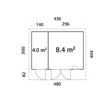 Plan d'un abri de jardin avec indication des surfaces en mètres carrés