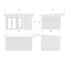 Dessin technique d'une cabane de jardin avec dimensions
