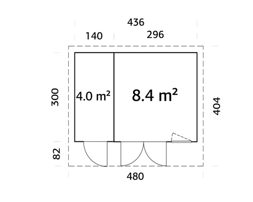 Plan avec dimensions en centimètres et surfaces en mètres carrés