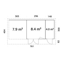 Plan d'un abri de jardin avec indication des dimensions.