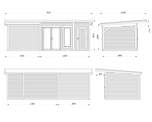 Schéma technique d'un abri de jardin avec dimensions