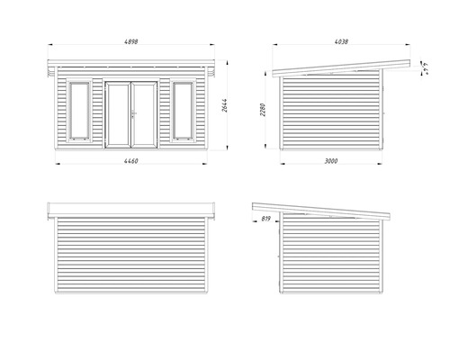 Schéma technique d'une cabane de jardin avec dimensions.