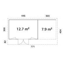 Plan d'un abri de jardin avec indication de la surface et des dimensions