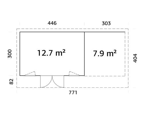 Plan d'un abri de jardin avec indication de la surface et des dimensions