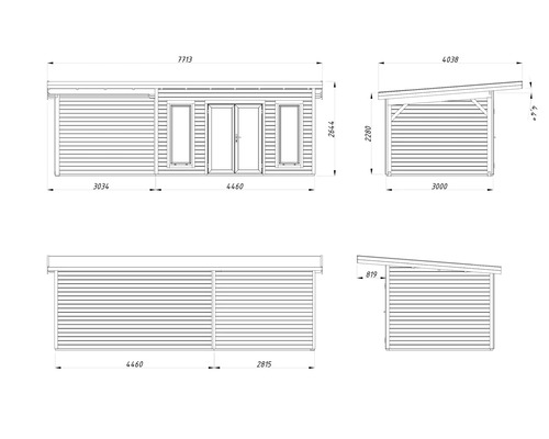 Dessin technique d'une maison de jardin avec dimensions