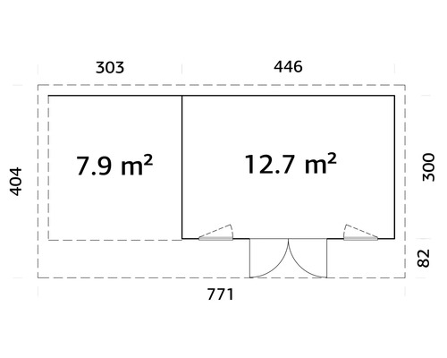 Plan avec indications de surface de 7,9 et 12,7 mètres carrés