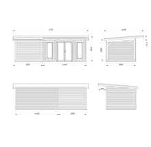 Dessin technique d'une cabane de jardin avec dimensions