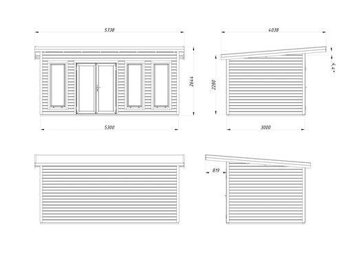 Schéma technique d'un abri de jardin avec dimensions
