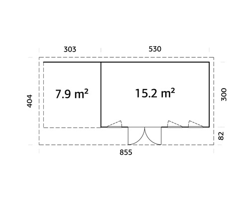 Plan d'un abri de jardin avec indication des dimensions de la surface et des dimensions