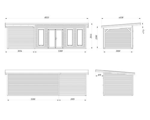 Plan technique d'une cabane de jardin avec dimensions.