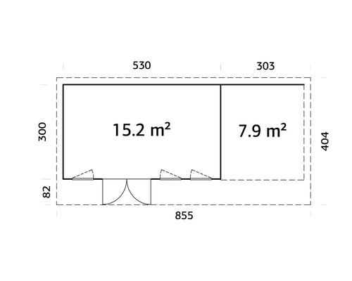 Plan d'un abri de jardin avec indications de surface en mètres carrés et dimensions en centimètres.
