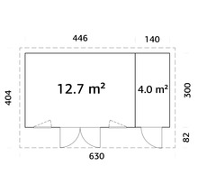 Plan d'un abri de jardin mesurant 446 sur 404 avec une annexe de 140 sur 300, surface totale de 16,7 mètres carrés