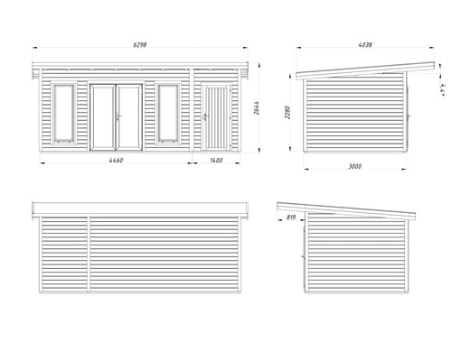 Plan technique d'un abri de jardin avec dimensions.