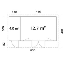 Plan d'un abri de jardin avec indication des surfaces et dimensions