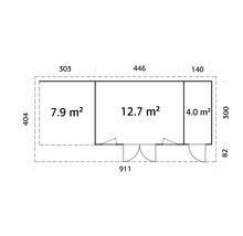 Plan de bâtiment avec indications de surface en mètres carrés et dimensions en centimètres