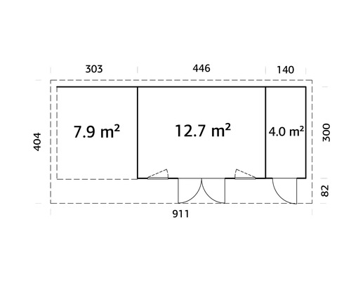 Plan du chalet de jardin avec indication de la surface en mètres carrés et dimensions en centimètres