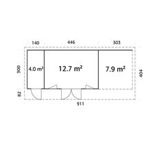 Plan d'un abri de jardin avec indication des dimensions des pièces en mètres carrés.