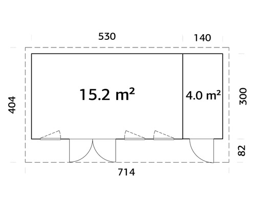 Plan d'un abri de jardin avec indication des surfaces et des dimensions