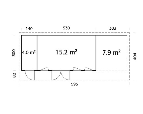 Plan d'un abri de jardin avec des indications de dimensions pour la longueur et la surface des pièces.