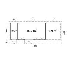 Plan d'un abri de jardin mesurant 995 sur 404 centimètres et d'une superficie de 27,1 mètres carrés.