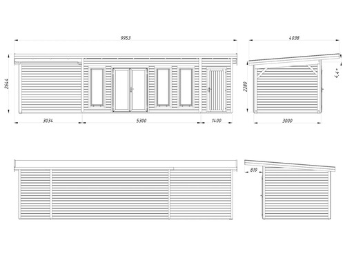 Dessin technique d'un abri de jardin avec dimensions.