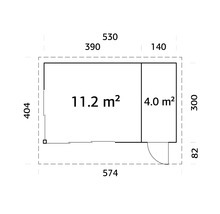Plan d'un abri de jardin avec indication des surfaces en mètres carrés et des dimensions en centimètres.