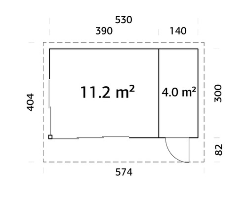 Plan d'un abri de jardin avec indication des surfaces en mètres carrés et des dimensions en centimètres.